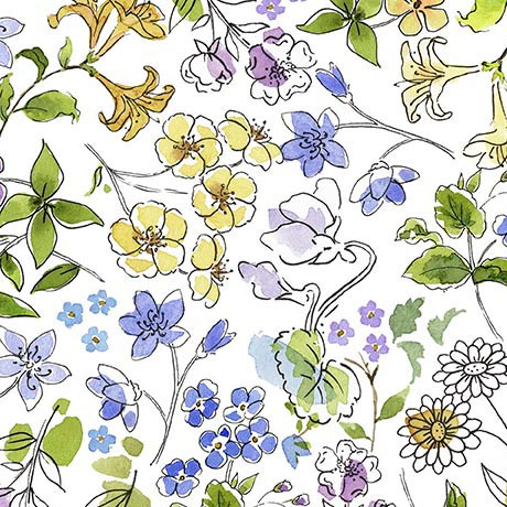 QT Fabrics Drawn To Birds 31136-Z Floral Watercolor Toss | SOLD BY THE HALF-YARD